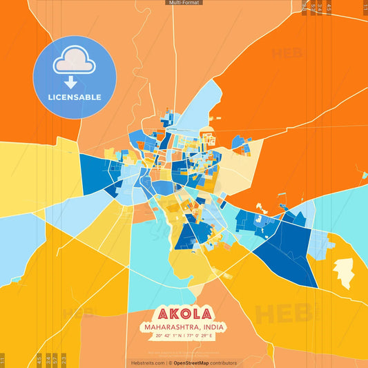 Akola, Maharashtra, India blue and orange vector art map template