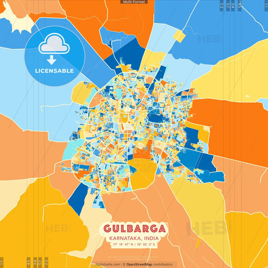 Gulbarga, Karnataka, India blue and orange vector art map template