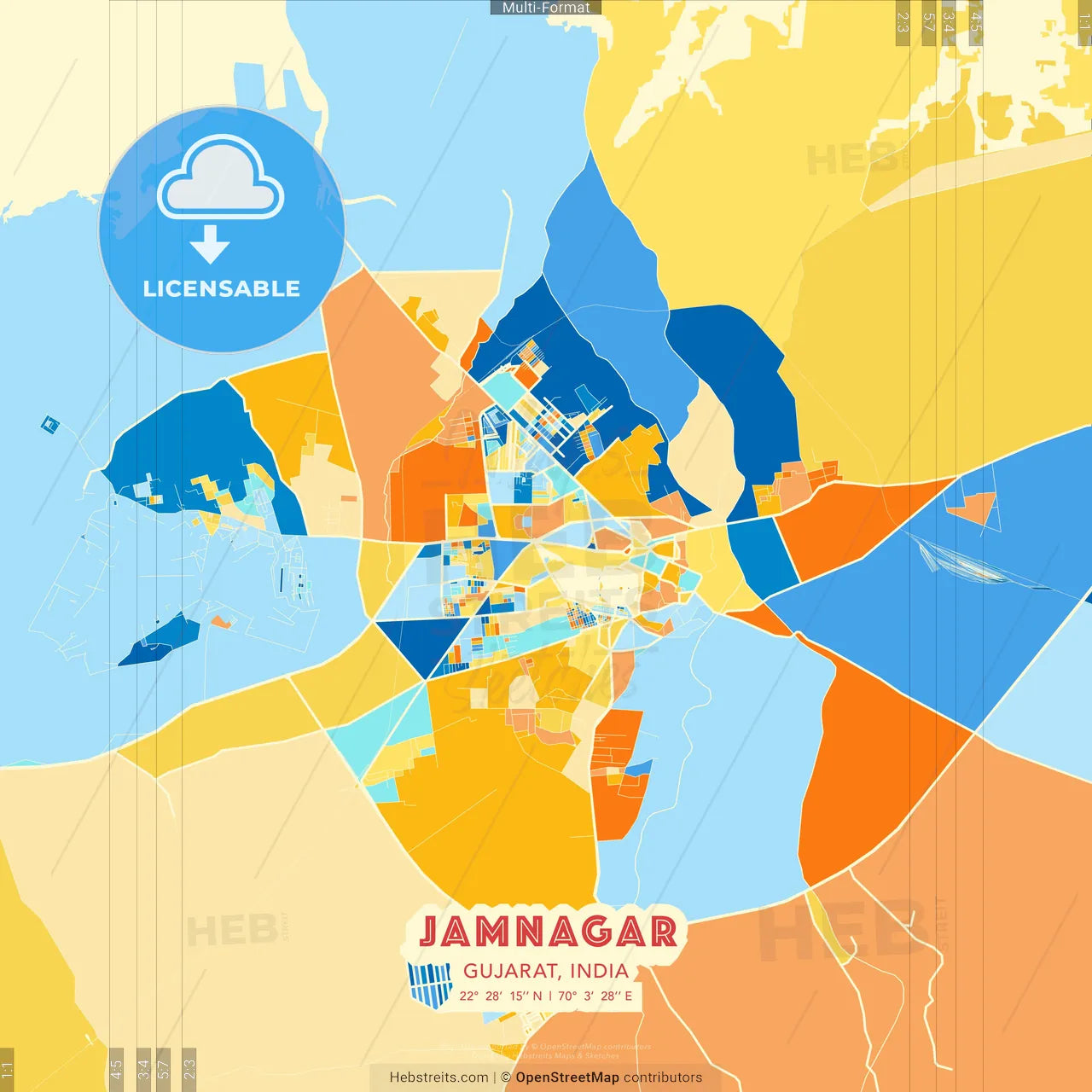 Jamnagar, Gujarat, India blue and orange vector art map template