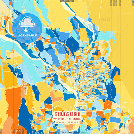 Siliguri, West Bengal, India blue and orange vector art map template