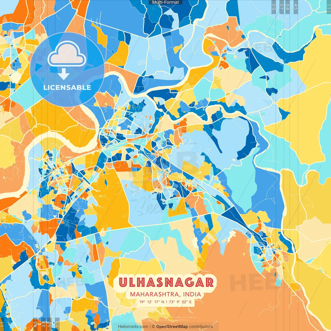 Ulhasnagar, Maharashtra, India blue and orange vector art map template