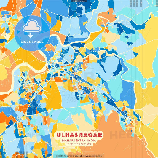 Ulhasnagar, Maharashtra, India blue and orange vector art map template