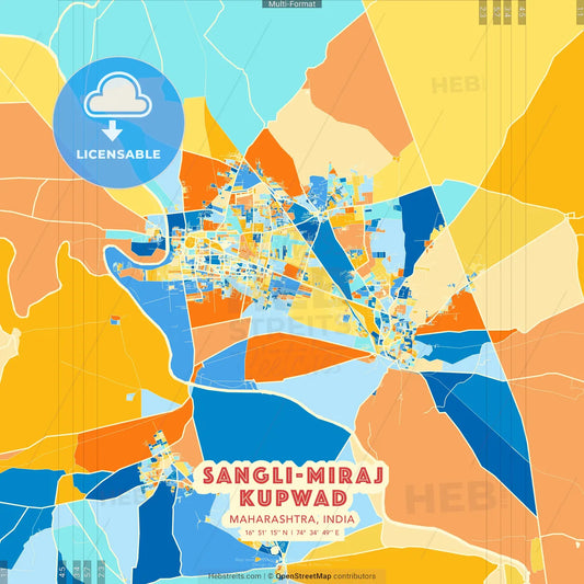 Sangli-Miraj Kupwad, Maharashtra, India blue and orange vector art map template