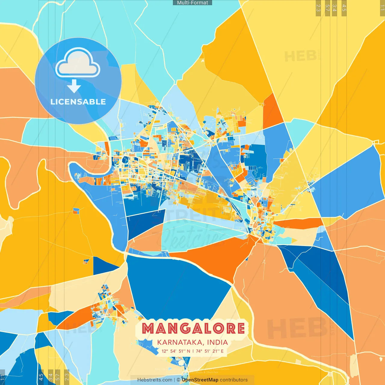Mangalore, Karnataka, India blue and orange vector art map template