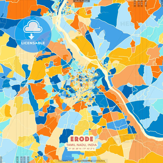 Erode, Tamil Nadu, India blue and orange vector art map template