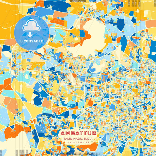 Ambattur, Tamil Nadu, India blue and orange vector art map template