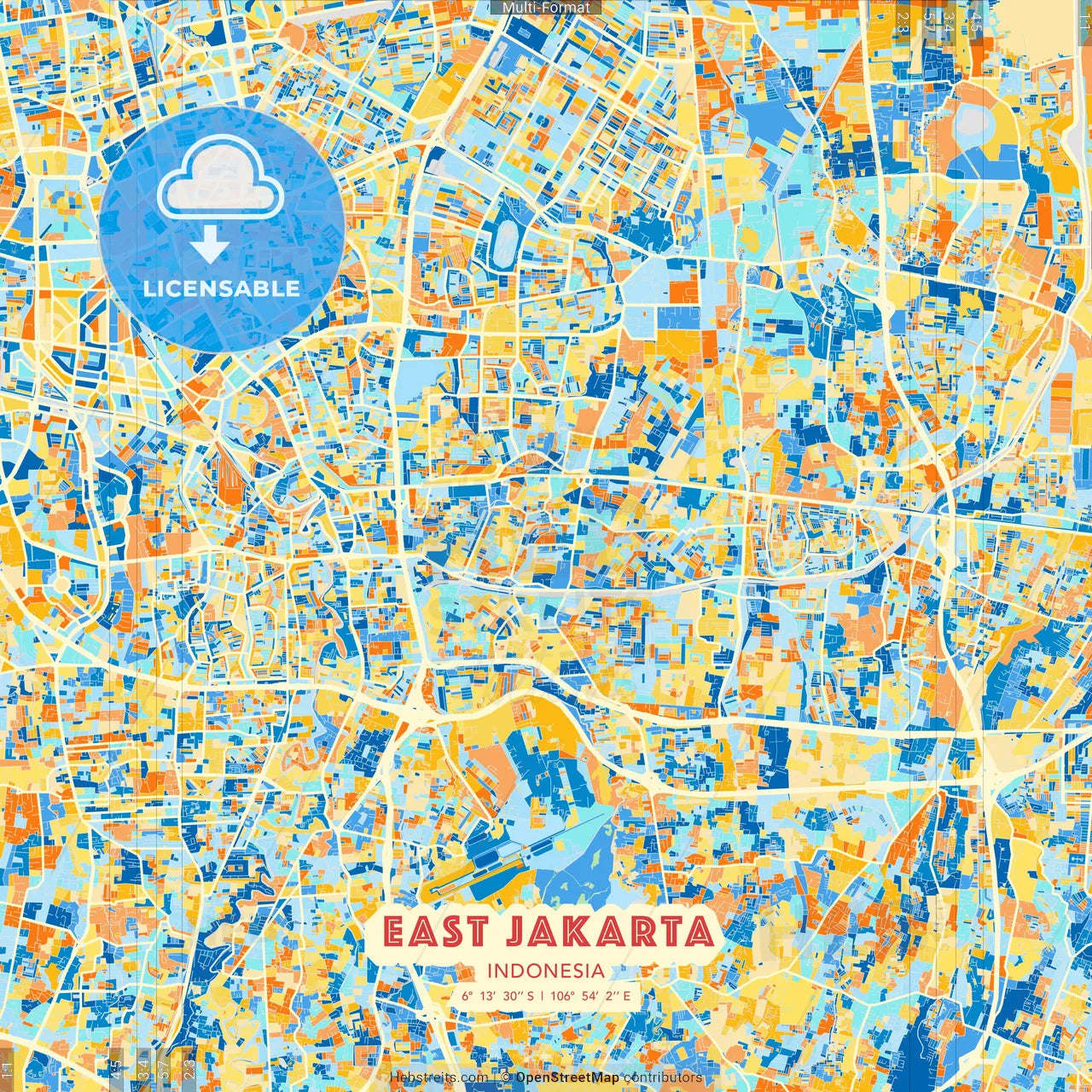 East Jakarta, Indonesia blue and orange vector art map template