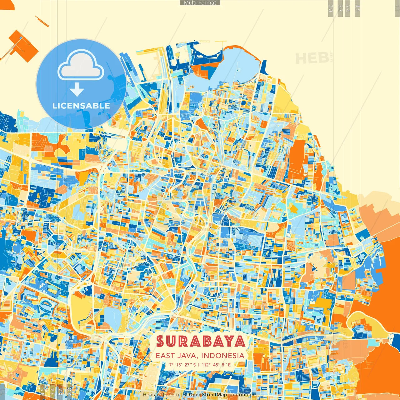 Surabaya, East Java, Indonesia blue and orange vector art map template