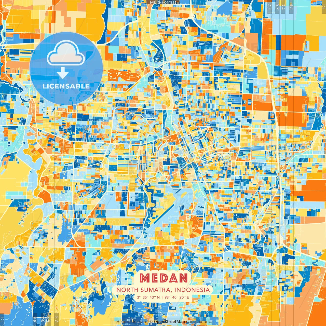 Medan, North Sumatra, Indonesia blue and orange vector art map template