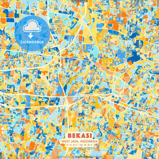 Bekasi, West Java, Indonesia blue and orange vector art map template