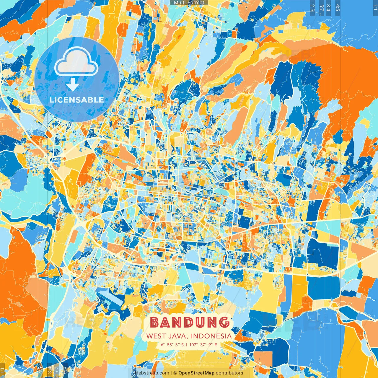Bandung, West Java, Indonesia blue and orange vector art map template