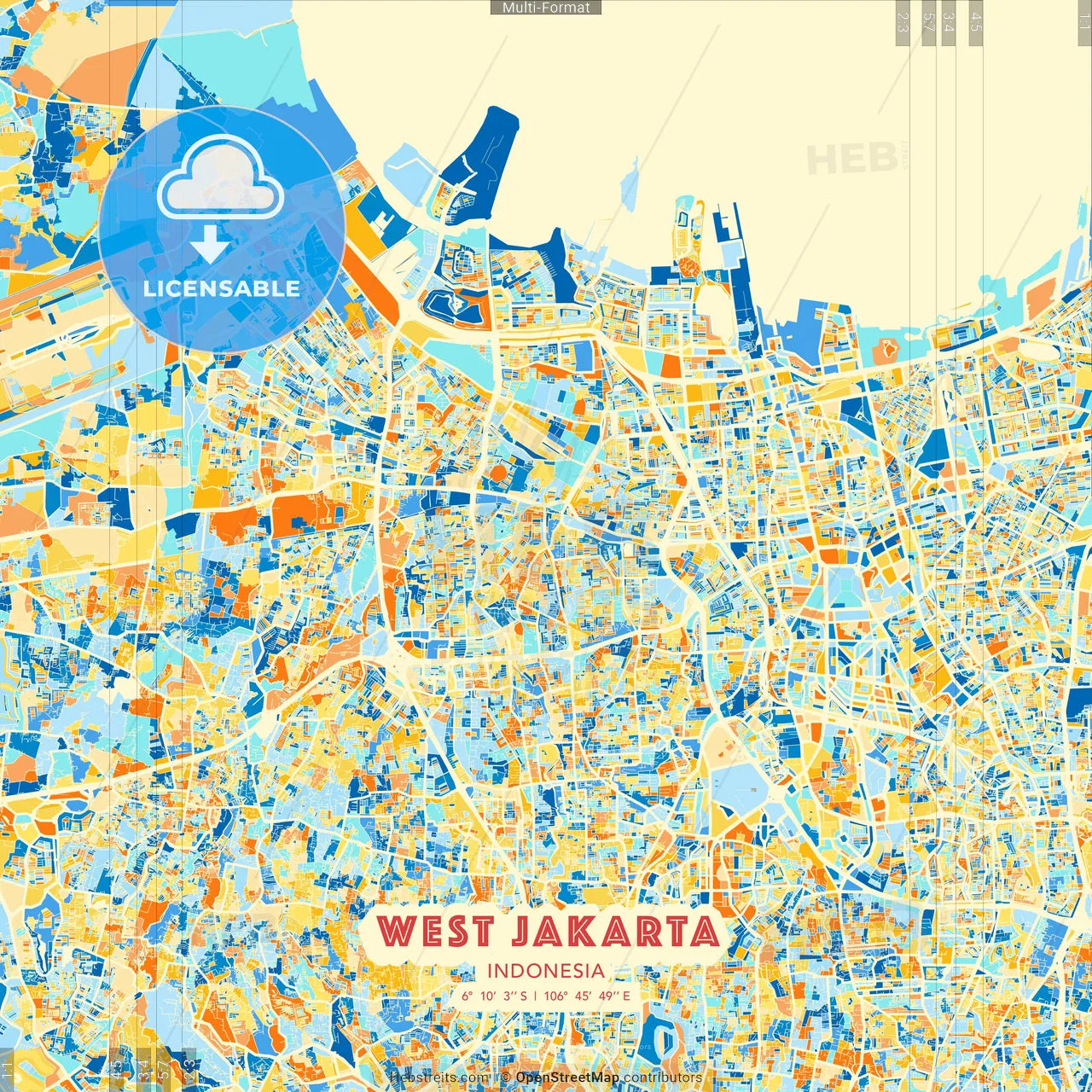 West Jakarta, Indonesia blue and orange vector art map template