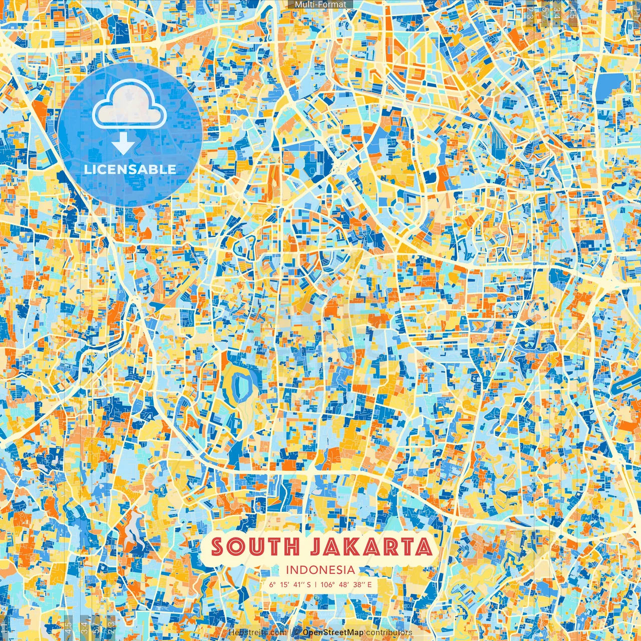 South Jakarta, Indonesia blue and orange vector art map template