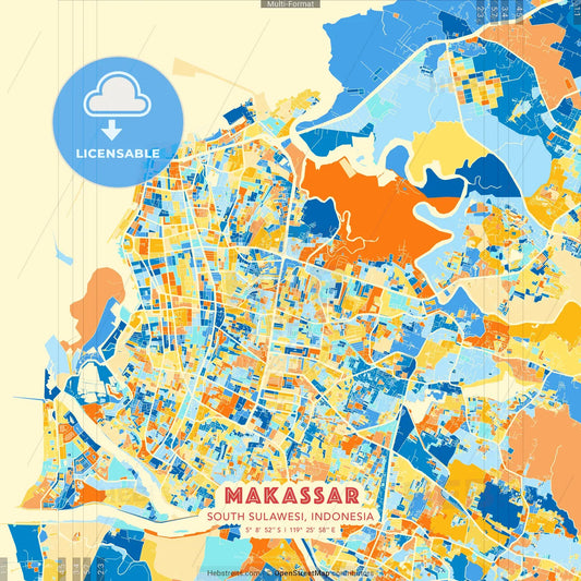 Makassar, South Sulawesi, Indonesia blue and orange vector art map template