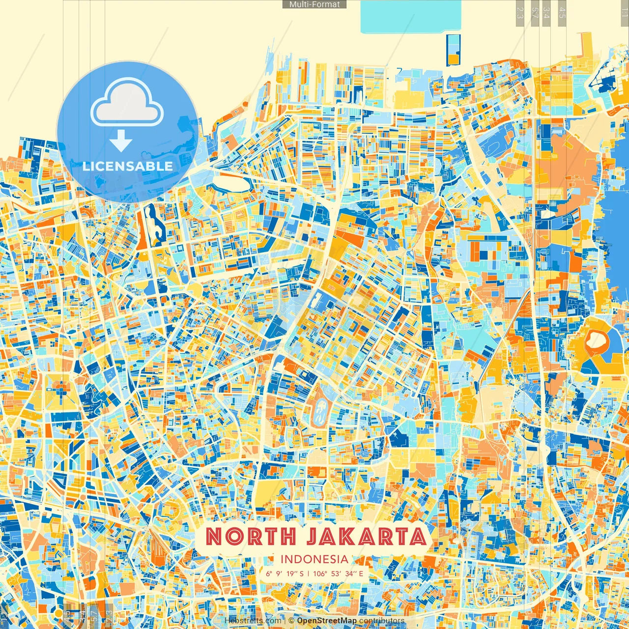 North Jakarta, Indonesia blue and orange vector art map template