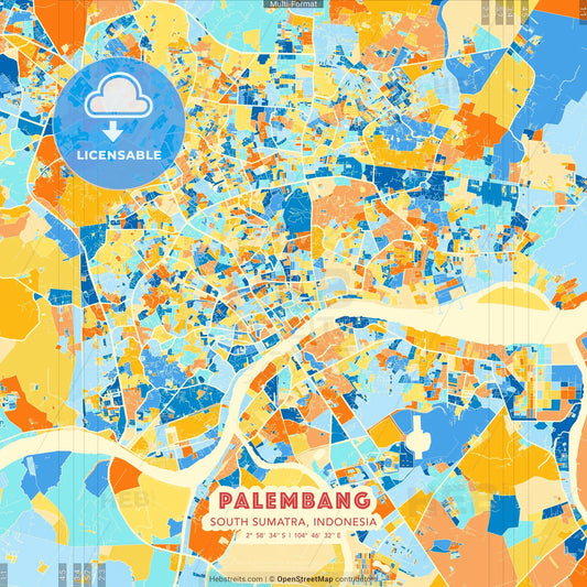 Palembang, South Sumatra, Indonesia blue and orange vector art map template