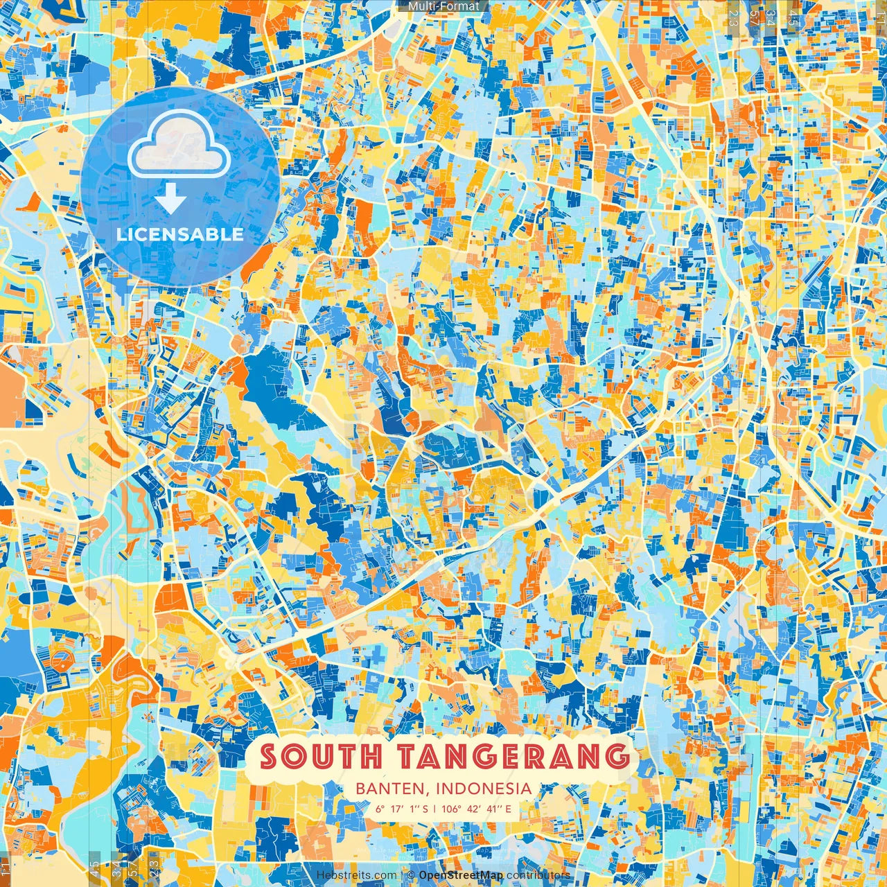 South Tangerang, Banten, Indonesia blue and orange vector art map template