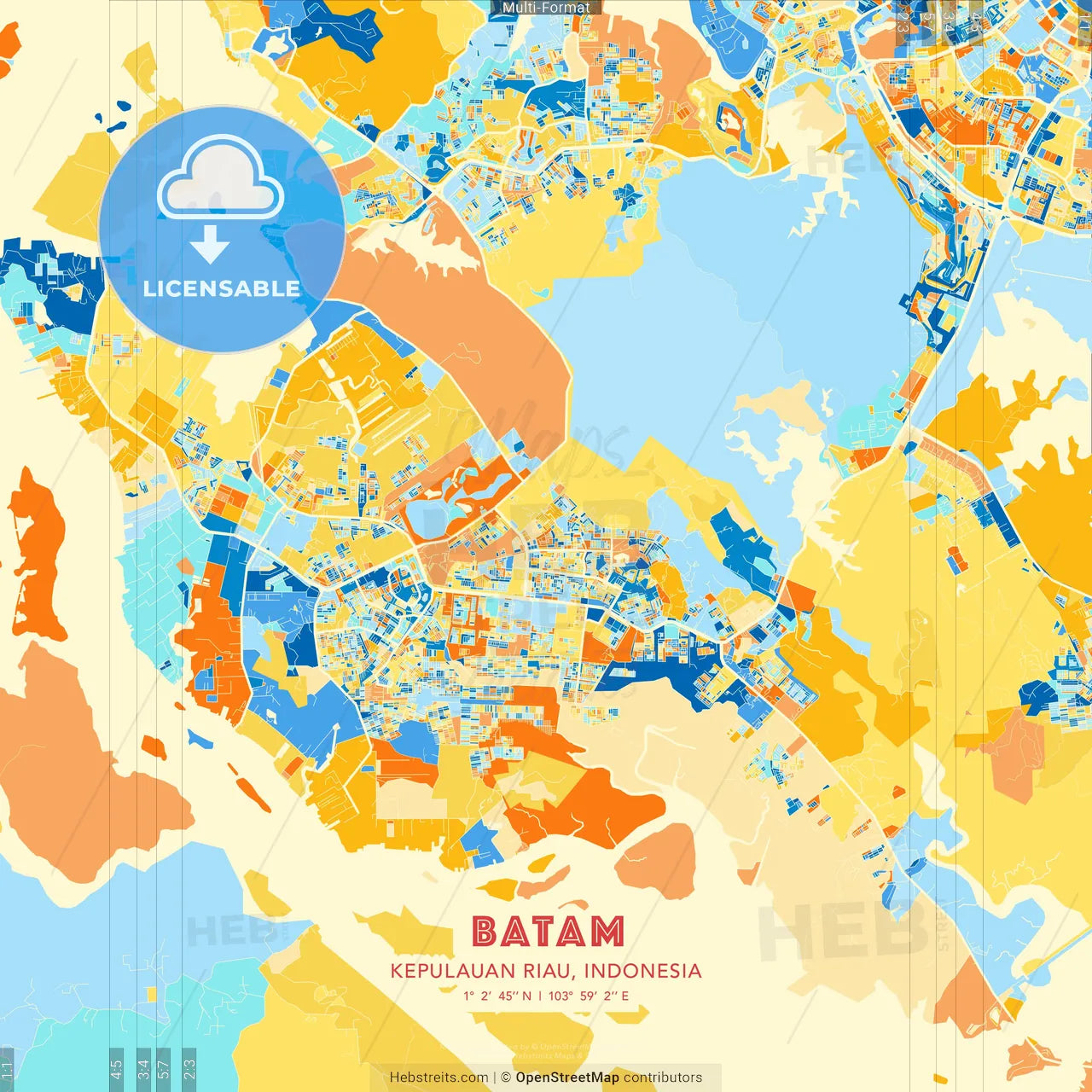 Batam, Kepulauan Riau, Indonesia blue and orange vector art map template