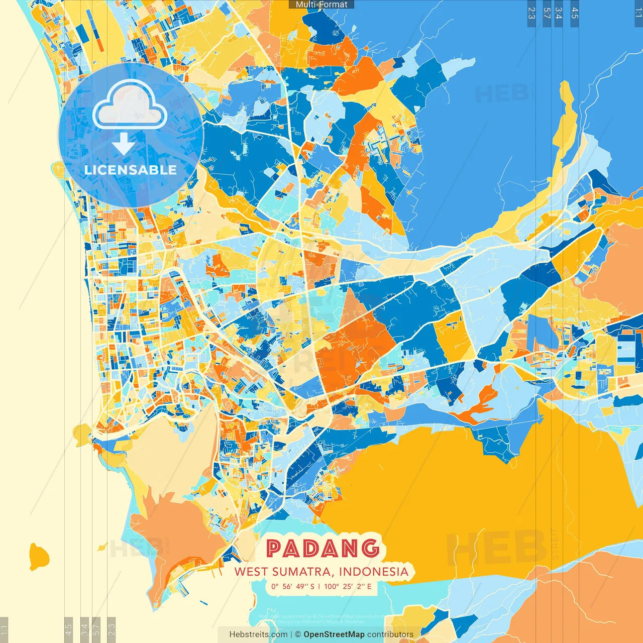 Padang, West Sumatra, Indonesia blue and orange vector art map template