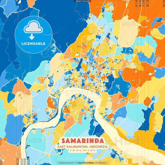 Samarinda, East Kalimantan, Indonesia blue and orange vector art map template