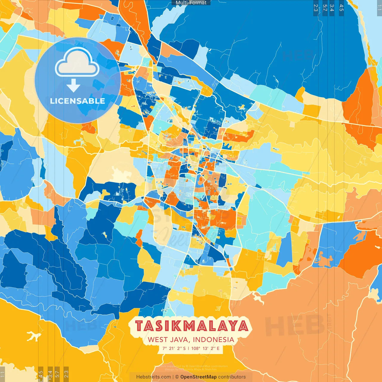 Tasikmalaya, West Java, Indonesia blue and orange vector art map template