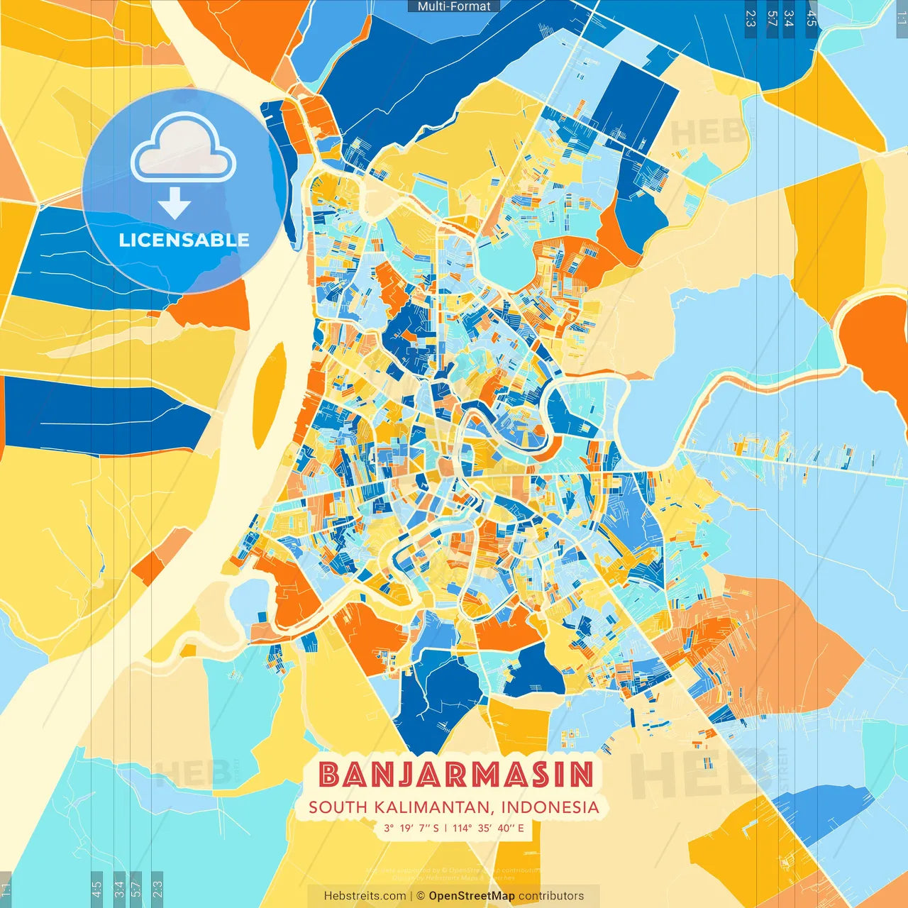 Banjarmasin, South Kalimantan, Indonesia blue and orange vector art map template