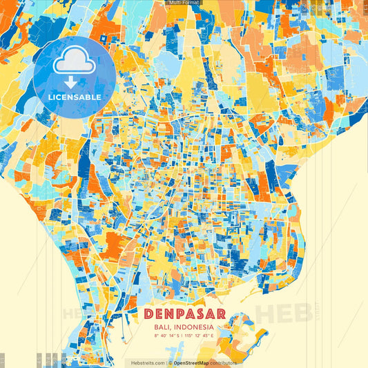 Denpasar, Bali, Indonesia blue and orange vector art map template