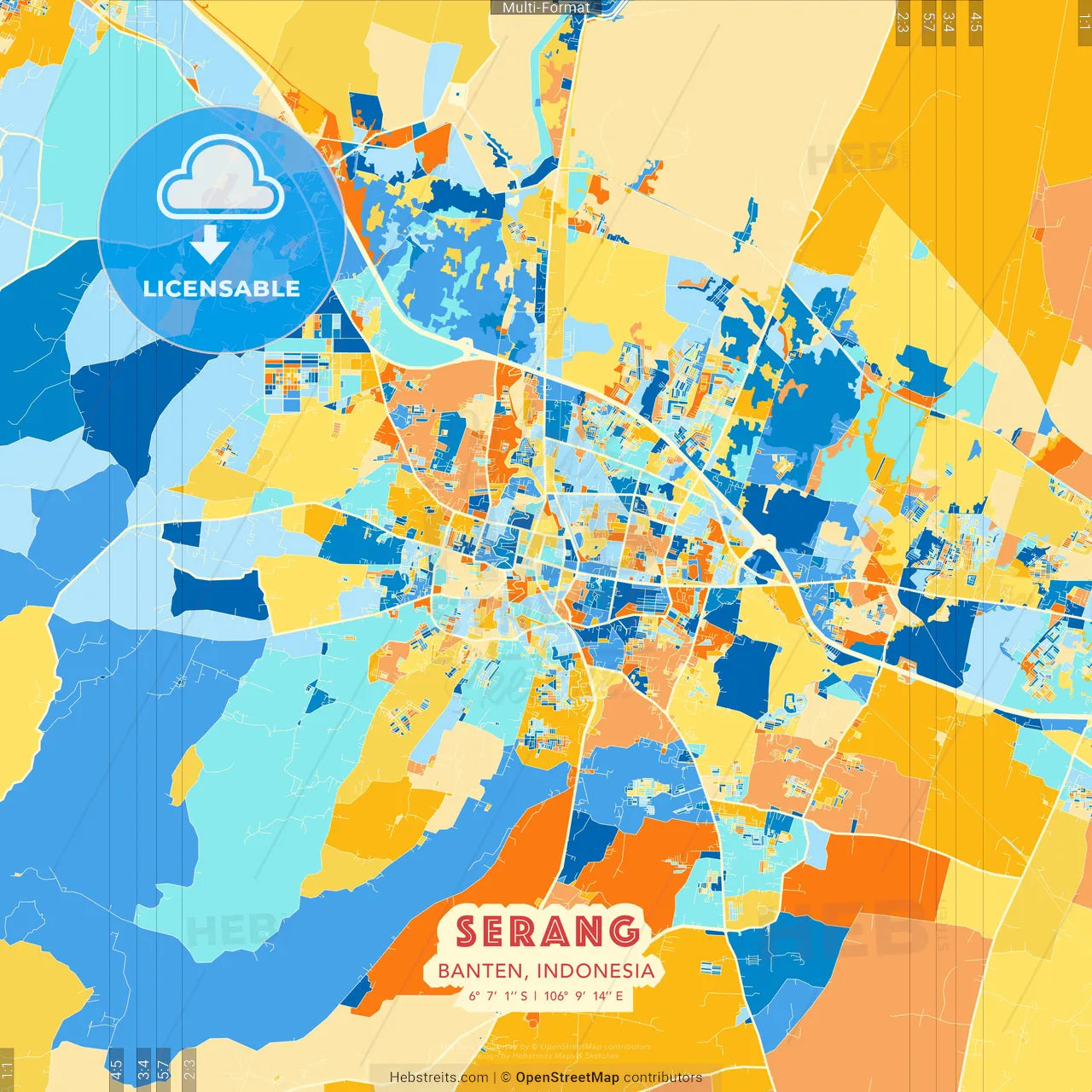 Serang, Banten, Indonesia blue and orange vector art map template
