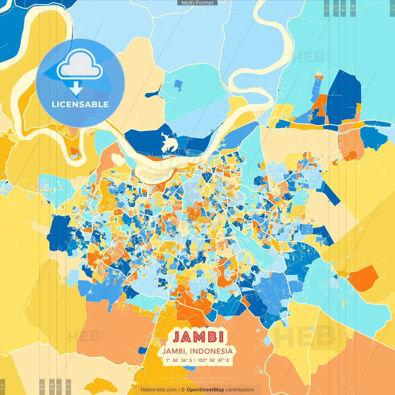 Jambi, Jambi, Indonesia blue and orange vector art map template