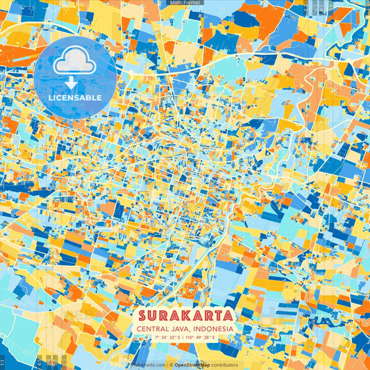 Surakarta, Central Java, Indonesia blue and orange vector art map template