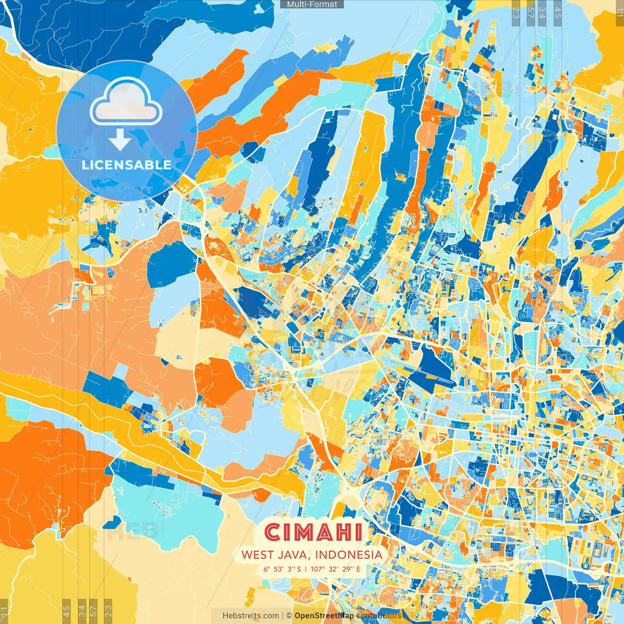 Cimahi, West Java, Indonesia blue and orange vector art map template