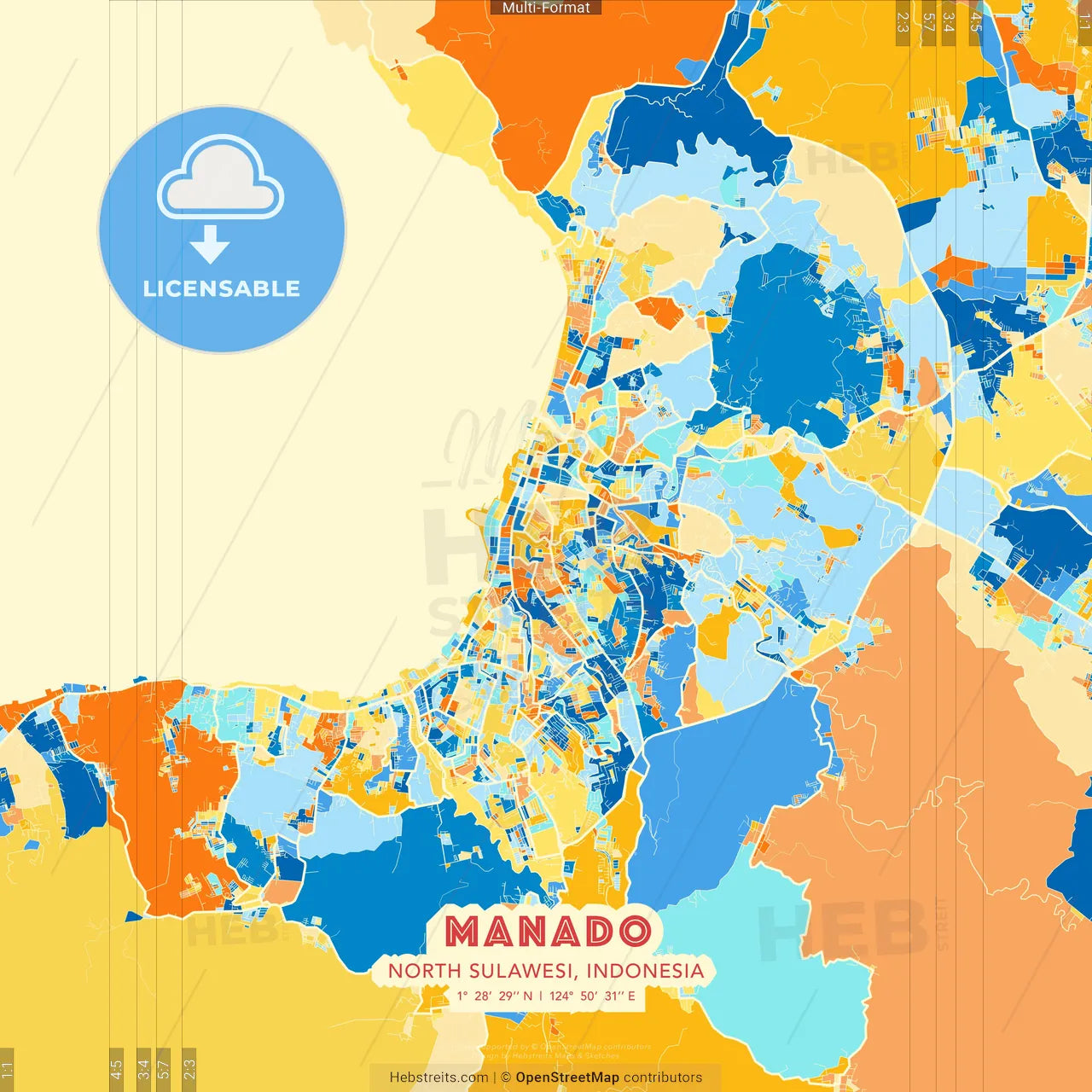 Manado, North Sulawesi, Indonesia blue and orange vector art map template