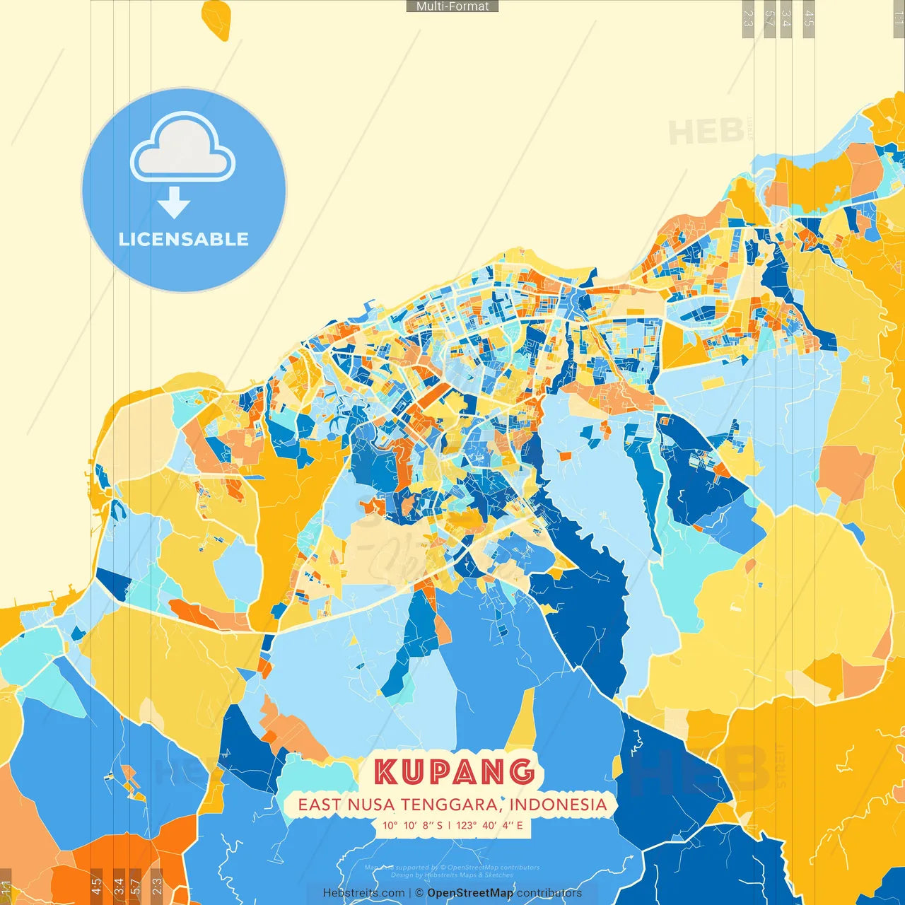 Kupang, East Nusa Tenggara, Indonesia blue and orange vector art map template