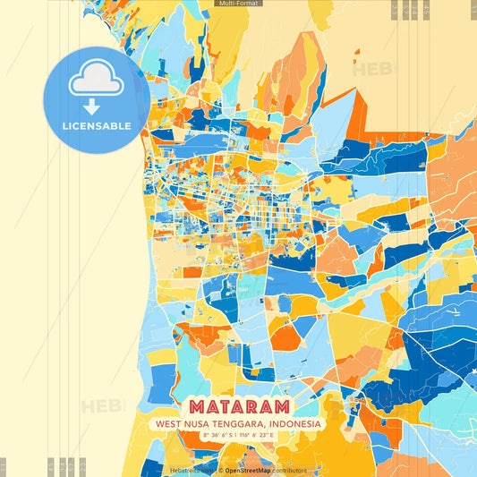 Mataram, West Nusa Tenggara, Indonesia blue and orange vector art map template