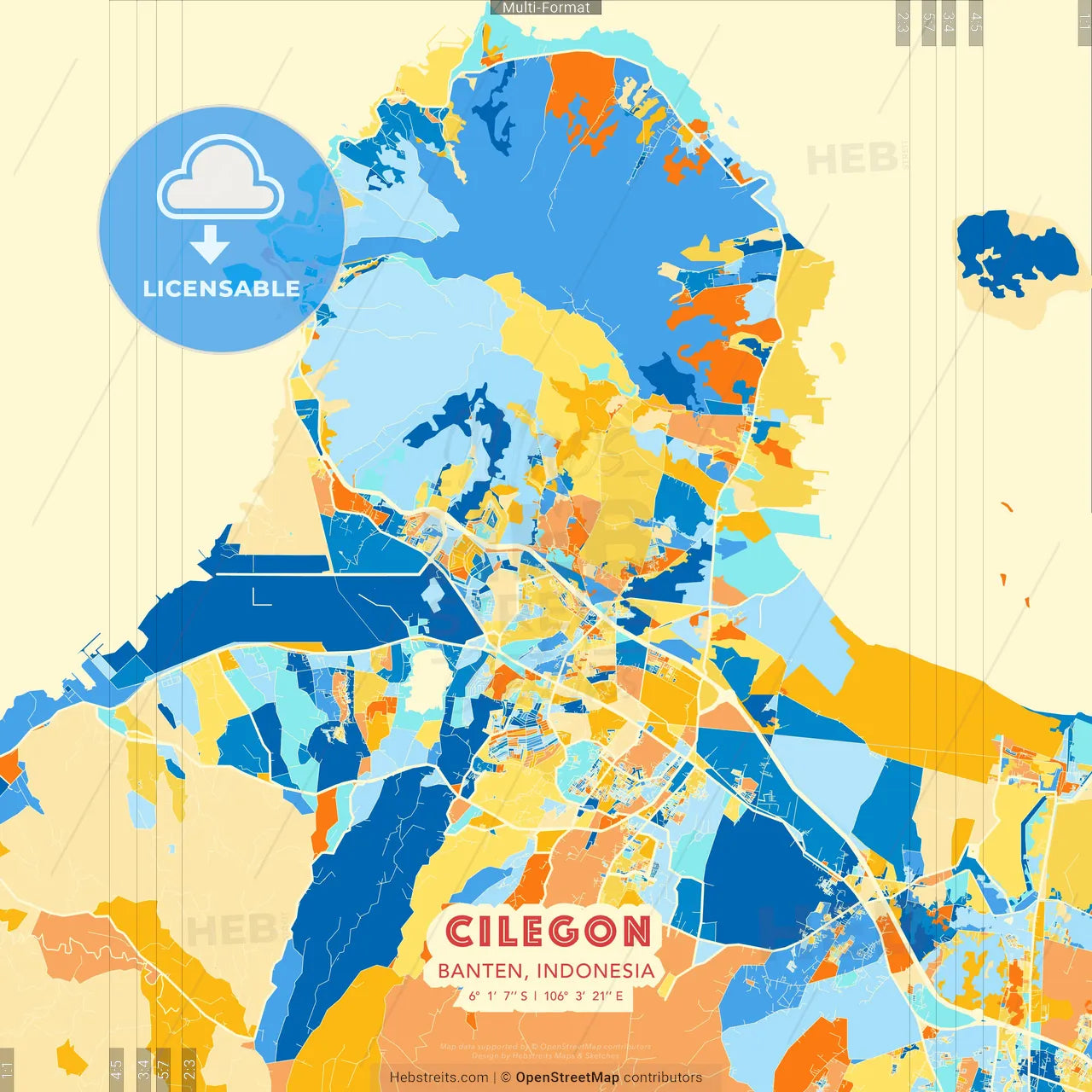 Cilegon, Banten, Indonesia blue and orange vector art map template