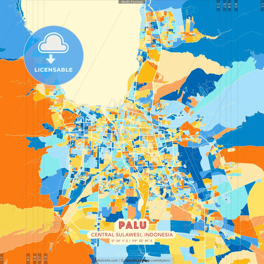 Palu, Central Sulawesi, Indonesia blue and orange vector art map template