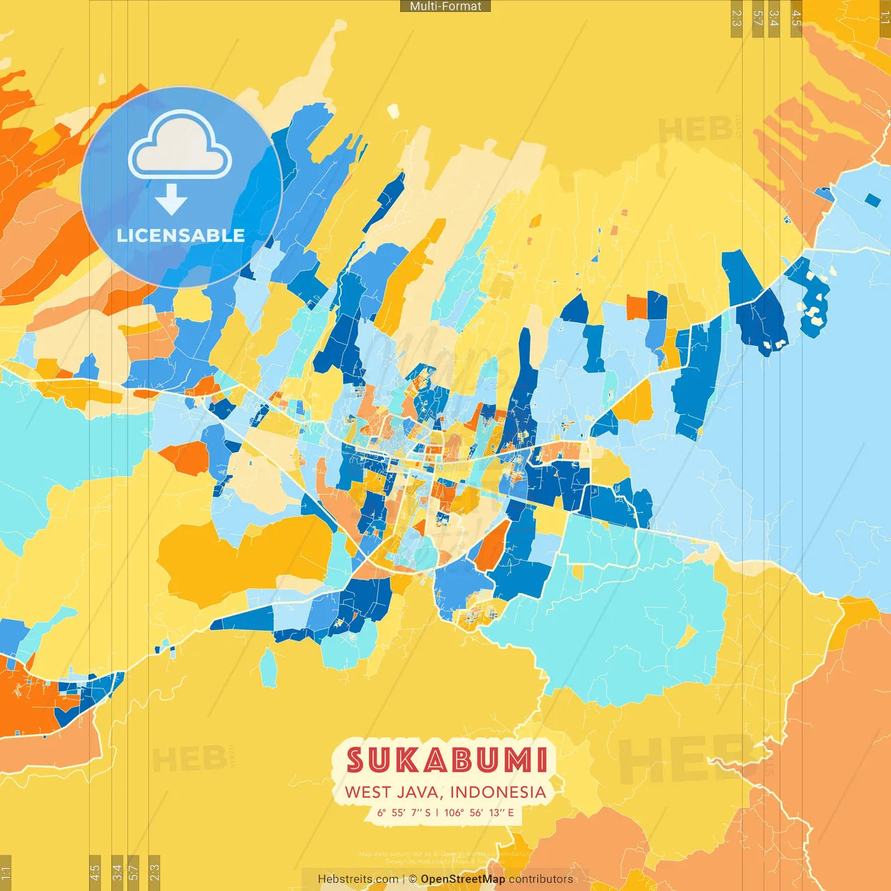 Sukabumi, West Java, Indonesia blue and orange vector art map template