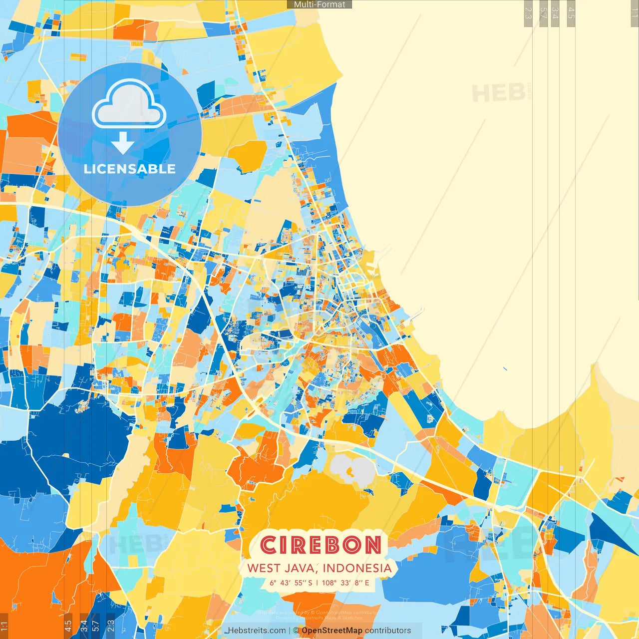 Cirebon, West Java, Indonesia blue and orange vector art map template