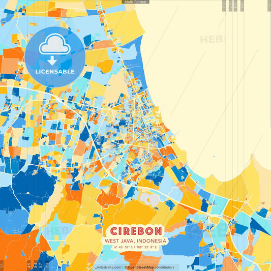 Cirebon, West Java, Indonesia blue and orange vector art map template