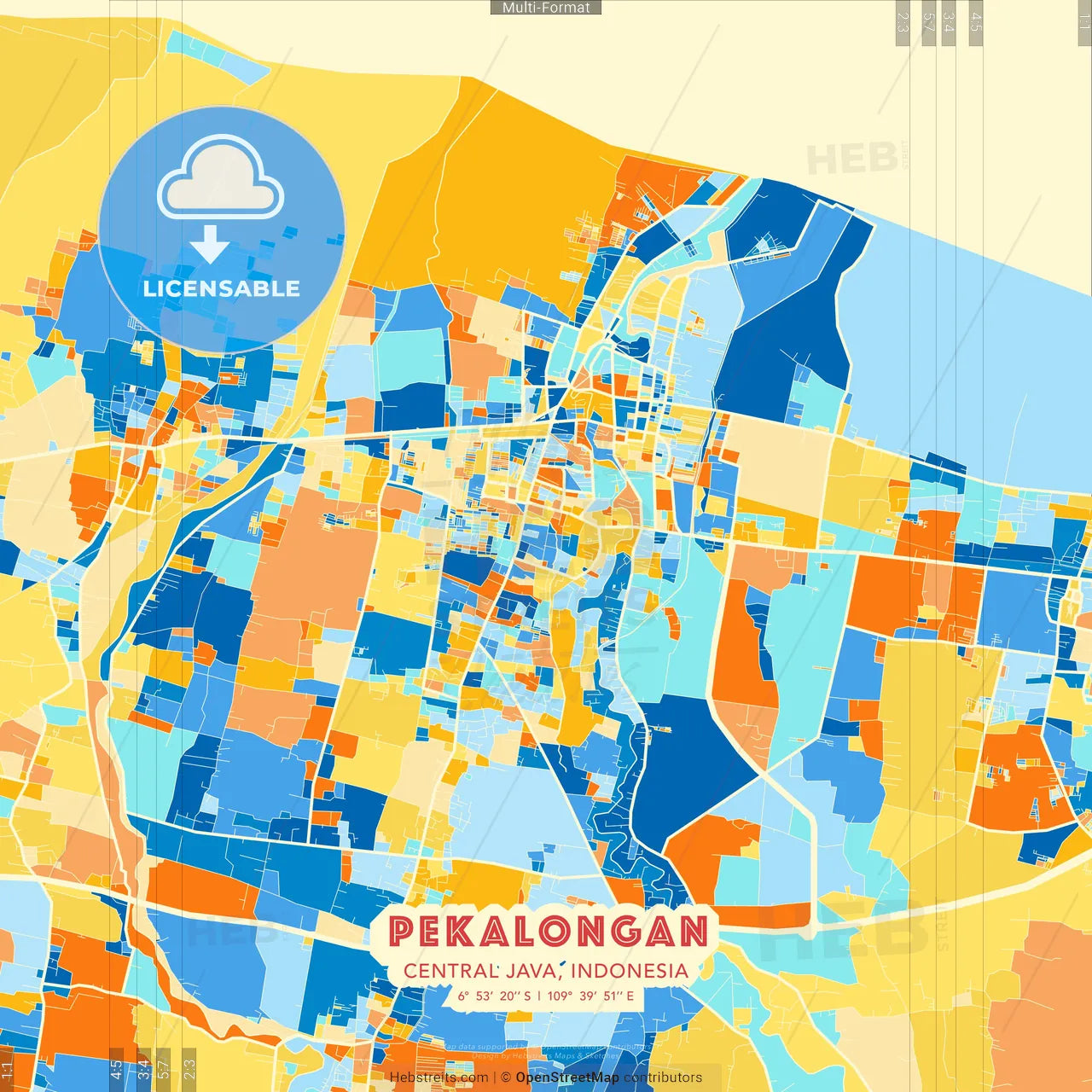 Pekalongan, Central Java, Indonesia blue and orange vector art map template