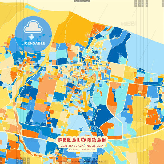 Pekalongan, Central Java, Indonesia blue and orange vector art map template