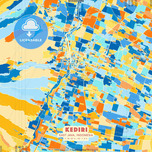 Kediri, East Java, Indonesia blue and orange vector art map template