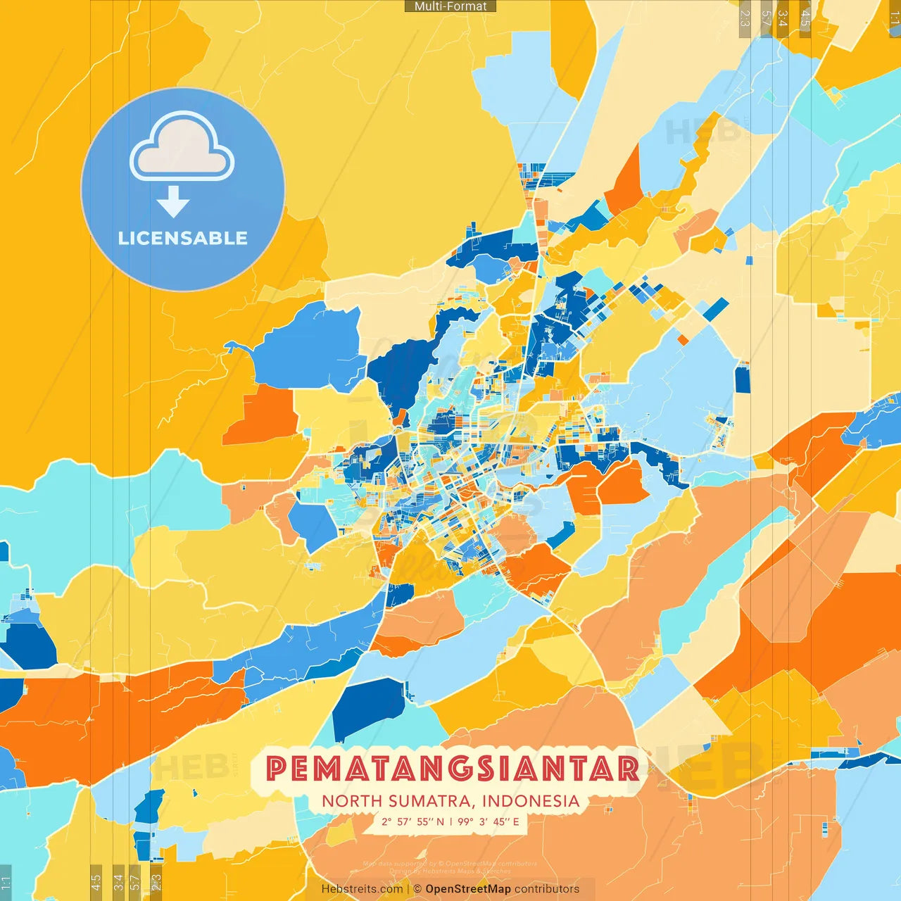 Pematangsiantar, North Sumatra, Indonesia blue and orange vector art map template