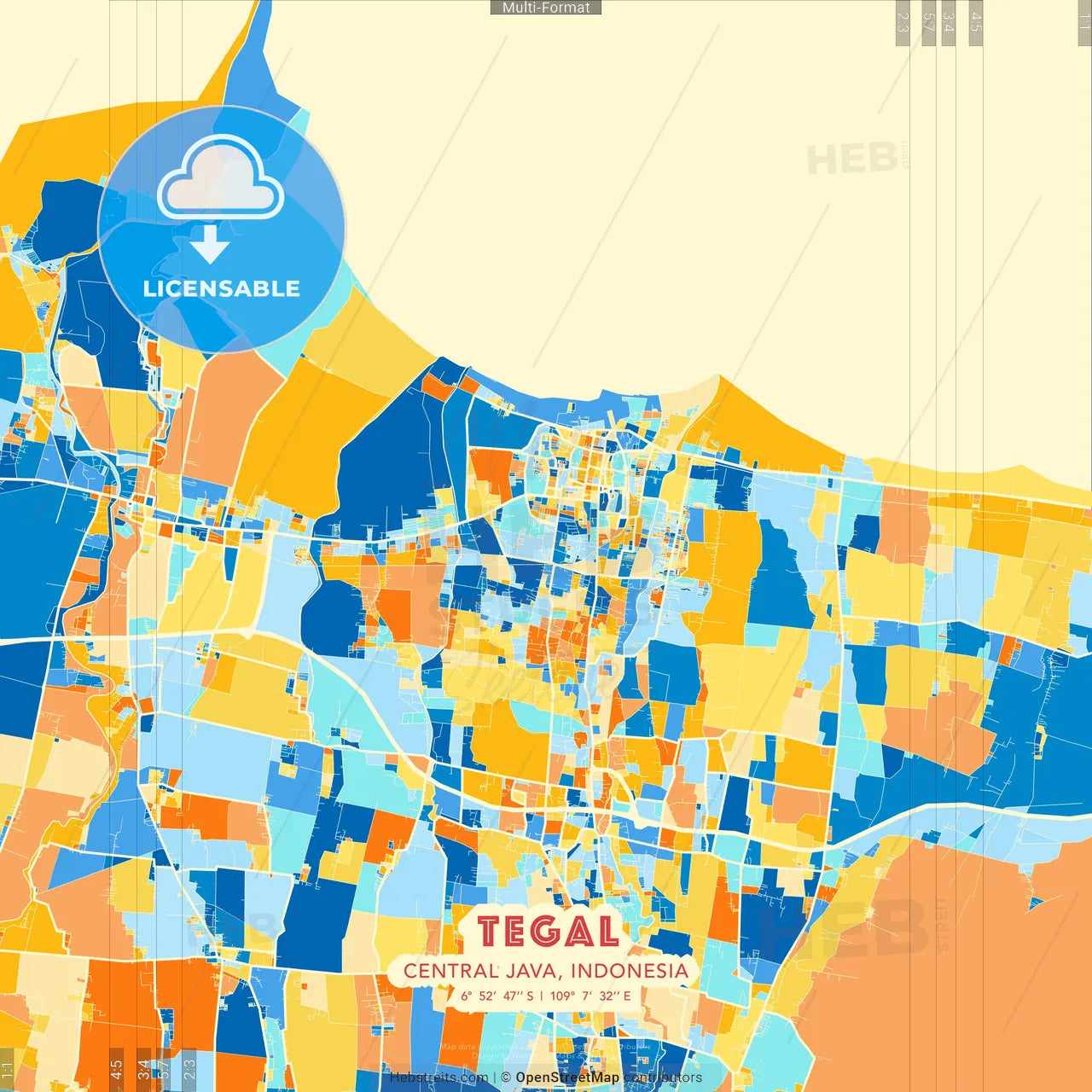 Tegal, Central Java, Indonesia blue and orange vector art map template