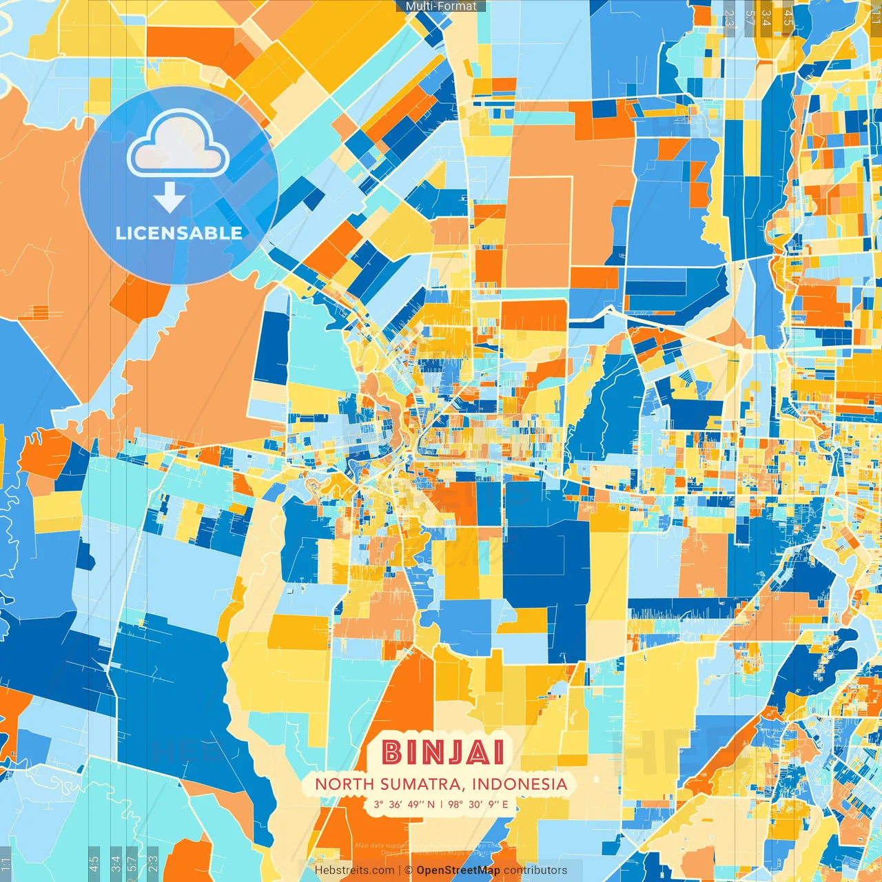 Binjai, North Sumatra, Indonesia blue and orange vector art map template