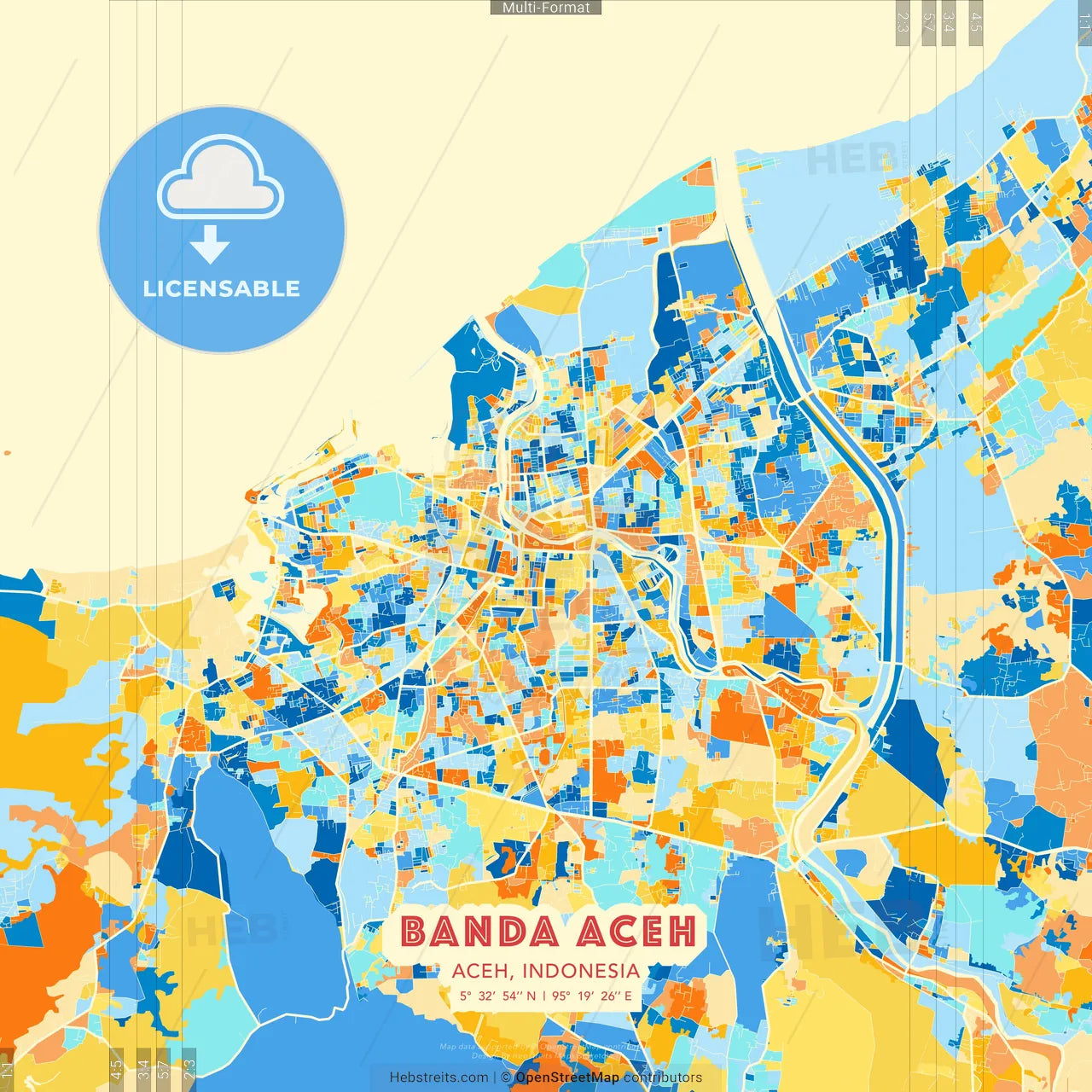 Banda Aceh, Aceh, Indonesia blue and orange vector art map template