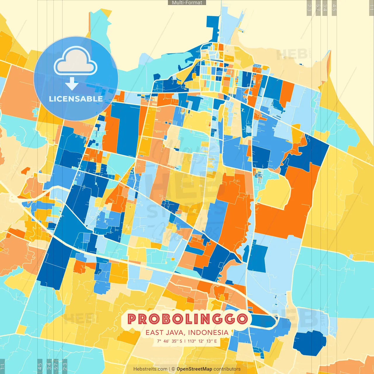 Probolinggo, East Java, Indonesia blue and orange vector art map template
