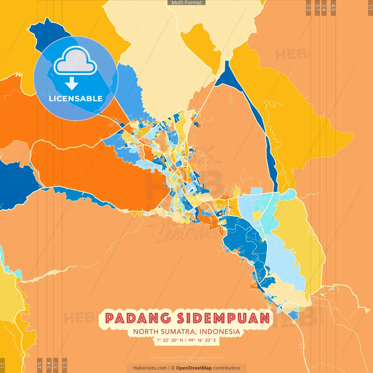 Padang Sidempuan, North Sumatra, Indonesia blue and orange vector art map template