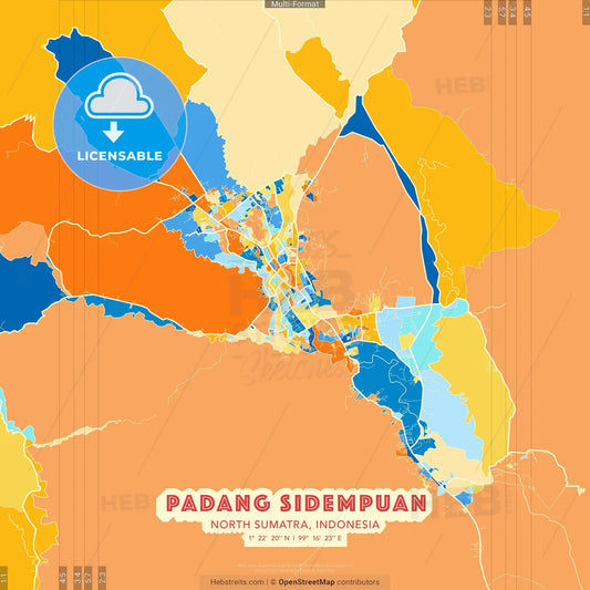Padang Sidempuan, North Sumatra, Indonesia blue and orange vector art map template
