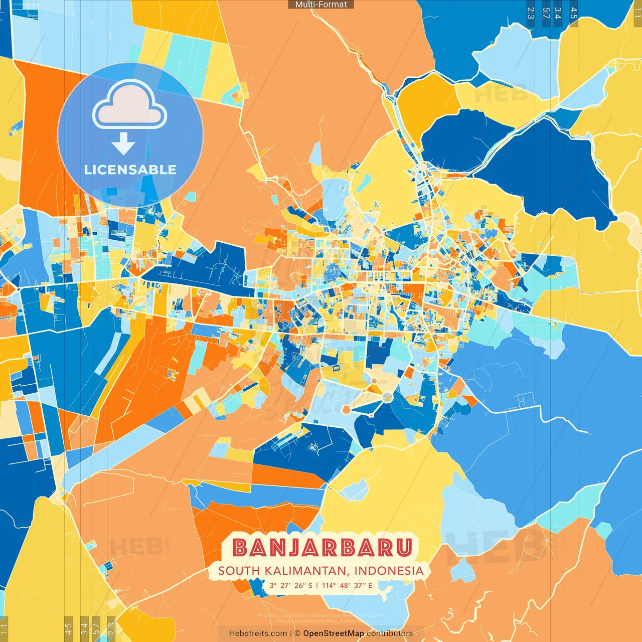 Banjarbaru, South Kalimantan, Indonesia blue and orange vector art map template